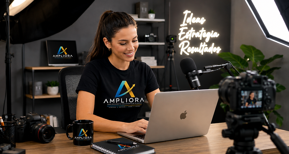 Mujer de Ampliora trabajando en oficina con laptop y luces