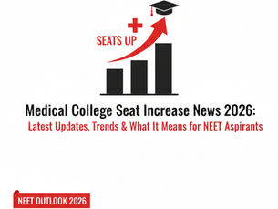 "A dynamic and professional blog banner featuring a black, red, and white theme on a crisp white background. The visual center highlights an upward-trending bar graph where each bar is topped with a graduation cap icon, symbolizing the growth in MBBS seat capacity. Bold, authoritative text reads: 'Medical College Seat Increase News 2026: Latest Updates, Trends & What It Means for NEET Aspirants.' The design uses clean lines and high-contrast elements to convey a sense of opportunity, progress, and data-driven insight for 2026 medical students."
