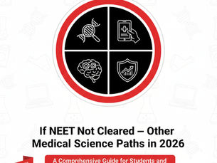 "A clean and professional blog banner in a black, red, and white theme. The central circular emblem is divided into four quadrants with white line-art icons: a magnifying glass over a DNA strand (genetic and clinical research), a smartphone displaying a medical cross (digital health and mobile medicine), a human brain with integrated gears (neuro-engineering and cognitive science), and a shield with an upward-trending bar graph (health data security and operational growth). Below the emblem, the bold black title reads: 'If NEET Not Cleared — Other Medical Science Paths in 2026' with a red sub-heading: 'A Comprehensive Guide for Students and Engineering-Minded Aspirants.' A red 'FUTURE HEALTH 2026' tag is in the bottom-left corner. The plain white background features subtle, light-grey outlines of laboratory flasks and DNA helices, emphasizing a modern, science-driven career outlook."