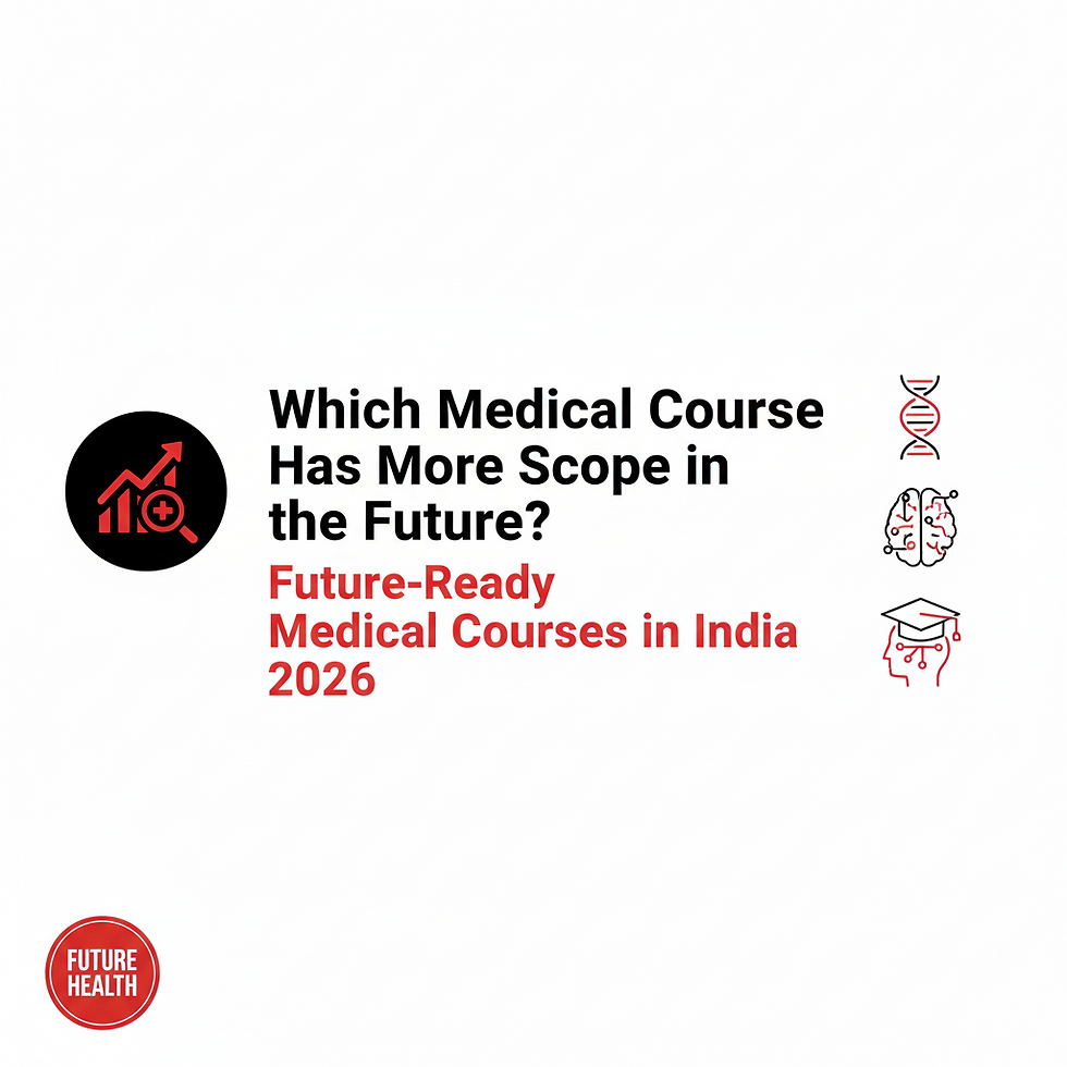 "Professional medical blog banner in a black, red, and white theme. It features a futuristic stethoscope icon, a bar chart showing upward growth, and a 'Future Scope' badge. The bold text reads: 'Which Medical Course Has More Scope in the Future? | Future-Ready Medical Courses in India 2026' on a clean white background."