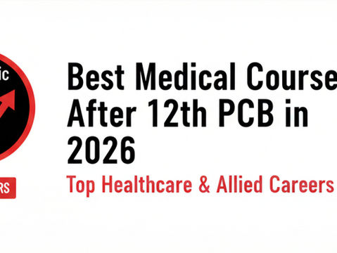 "A professional blog banner featuring a black, red, and white theme on a plain white background. The graphic displays a DNA helix icon, a stethoscope, and a graduation cap, representing high-growth healthcare paths. The bold title reads: 'Best Medical Courses After 12th PCB in 2026 | Top Healthcare & Allied Careers.' The design is minimalist and structured for an educational career guide."