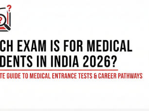 Here is the concise alt text for the "Medical Entrance Tests & Career Pathways" image:  "Professional blog banner for Indian medical students in 2026. The design uses a black, red, and white theme on a plain white background. It features a medical caduceus icon, a clipboard checklist, and an 'Exam Ready' badge. The central text reads: 'Which Exam Is for Medical Students in India 2026? Complete Guide to Medical Entrance Tests & Career Pathways'."