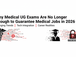 "A minimalist and professional blog banner in a black, red, and white theme. The central circular emblem is split into four quadrants featuring white line-art icons: a magnifying glass over a printed exam paper with a red 'X' (the diminishing value of rote-learning exams), a laptop screen showing a DNA helix and a binary code stream (the integration of biotech and data), a 'Job Vacancy' sign with a digital gear (evolving technical job requirements), and a human hand holding a smartphone with a pulse-line (the rise of digital health and telemedicine). Below the emblem, the bold black title reads: 'Why Medical UG Exams Are No Longer Enough to Guarantee Medical Jobs in 2026' with a red sub-heading: 'Emerging Trends, Tech Integration, and Career Realities.' A red 'CAREER REALITIES 2026' tag is in the bottom-left corner. The white background is subtly accented with light-grey outlines of medical robots, circuit-board patterns, and stethoscopes, symbolizing the high-tech shift in the medical