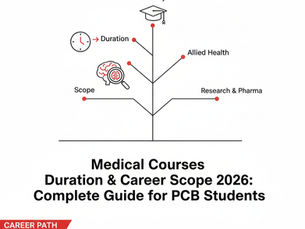 "A sleek, professional blog banner with a black, red, and white theme set against a minimalist white background. The design features a stylized hourglass icon transitioning into a rising growth arrow, representing the journey from study duration to career success. Bold, clear typography reads: 'Medical Courses Duration & Career Scope 2026: Complete Guide for PCB Students.' The aesthetic is modern and authoritative, perfect for an educational guide on healthcare career paths."