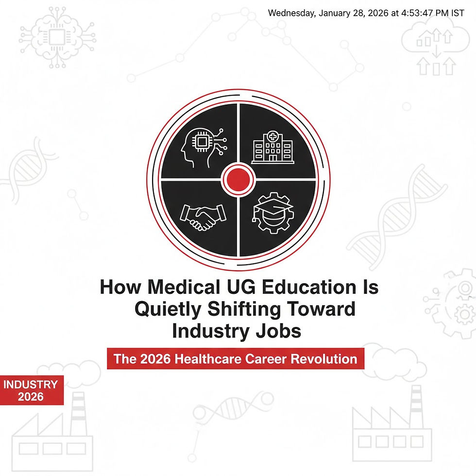 "A clean and professional blog banner (700x350) in a black, red, and white theme. The central circular emblem is divided into four black quadrants with white line-art icons: a human profile with a microchip brain (AI and cognitive tech), a modern hospital building with a digital cross (tech-integrated healthcare), a firm handshake (industry partnerships), and a gear-wheel behind a graduation cap (skill-based vocational training). Below the emblem, the bold black title reads: 'How Medical UG Education Is Quietly Shifting Toward Industry Jobs' with a red sub-heading: 'The 2026 Healthcare Career Revolution.' A red 'INDUSTRY 2026' tag is featured in the bottom-left corner. The white background is subtly detailed with light-grey silhouettes of industrial chimneys, DNA strands, and cloud-network nodes, symbolizing the fusion of traditional medicine with industrial technology."