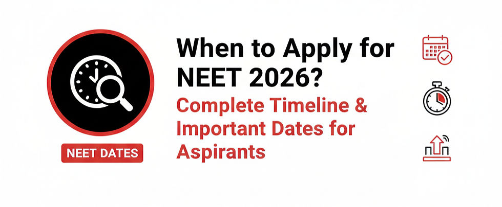 "A professional blog banner with a black, red, and white theme on a plain white background. It features a calendar icon with a clock, a timeline graphic, and bold text that reads: 'When to Apply for NEET 2026? Complete Timeline & Important Dates for Aspirants.' The design is clean and organized to emphasize scheduling and deadlines."