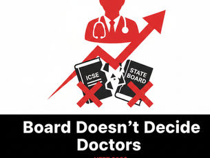 "A powerful and thought-provoking blog banner in a high-contrast black, red, and white theme. At the top, a vibrant red silhouette of a doctor with a stethoscope rises above a cracked graphic of textbooks labeled 'ICSE' and 'STATE BOARD.' A bold red arrow points upward, signifying that merit transcends board choices. The bottom half features a solid black background with clean white typography reading: 'Board Doesn’t Decide Doctors – NEET 2026 Reality Check for Students and Parents.' A small red tag in the corner adds: 'MERIT MATTERS 2026.' The overall design is clean, professional, and emphasizes personal effort over institutional labels."