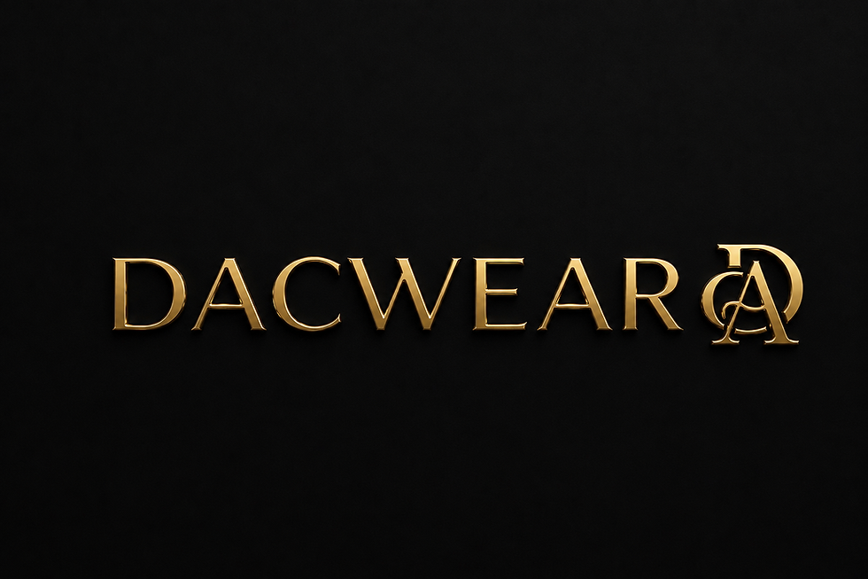 Wide landscape DACWEAR wordmark in metallic gold on a dark black textured background