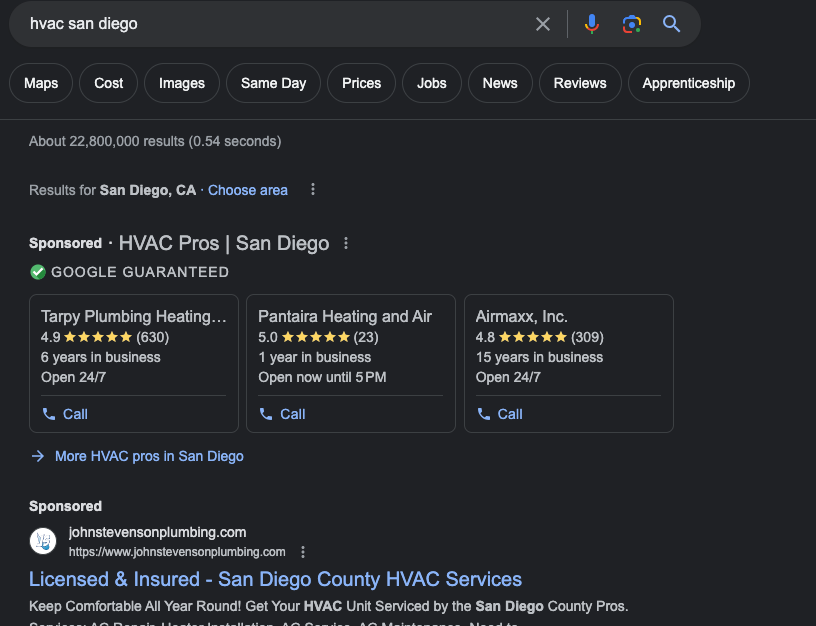 Google search results with local services ads at the top for the query "hvac san diego"