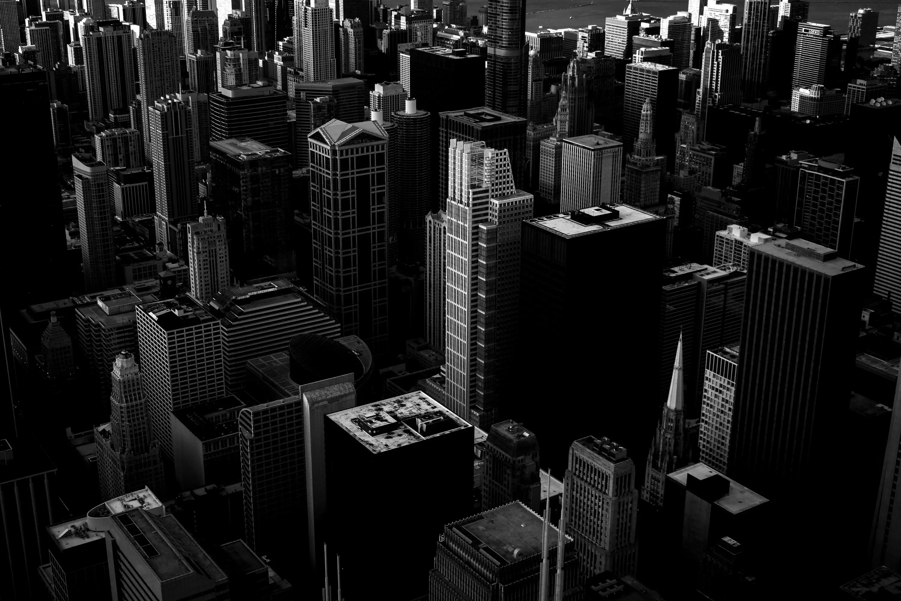 Aerial view of a major city black and white background