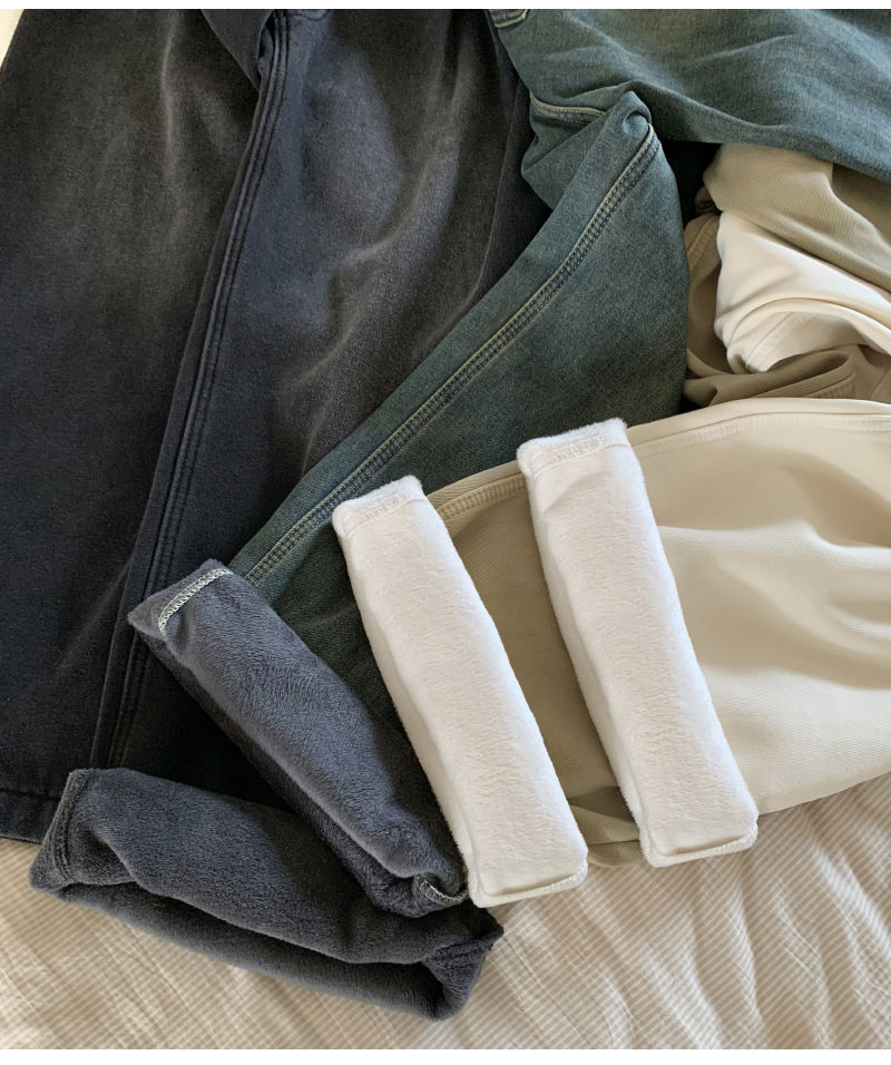 Thumbnail: Fall Winter Thick Flocking Jeans Loose Casual High Waist Wide Leg Fleece Pants W
