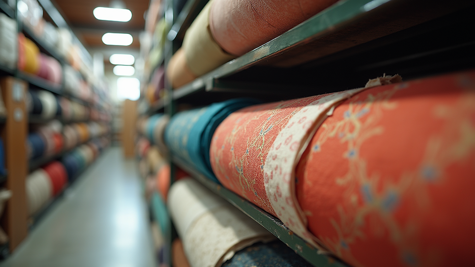 Eye-level view of a fabric store shelf with diverse textile rolls