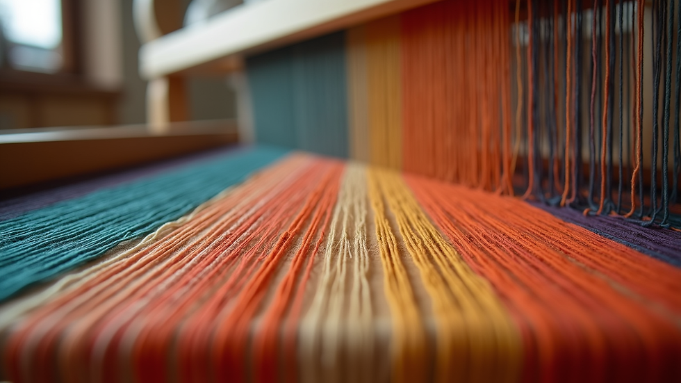 Eye-level view of hand-weaving loom with colorful threads
