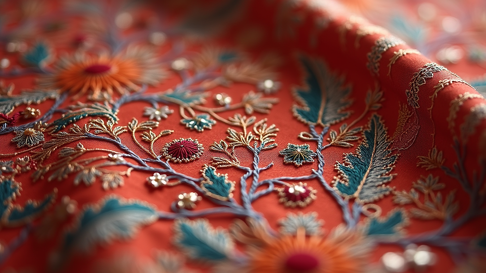 Close-up view of traditional Indian embroidery on silk fabric
