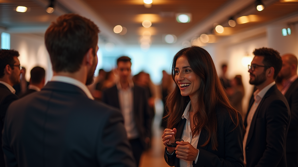 Eye-level view of a vibrant networking event with people engaged in conversation
