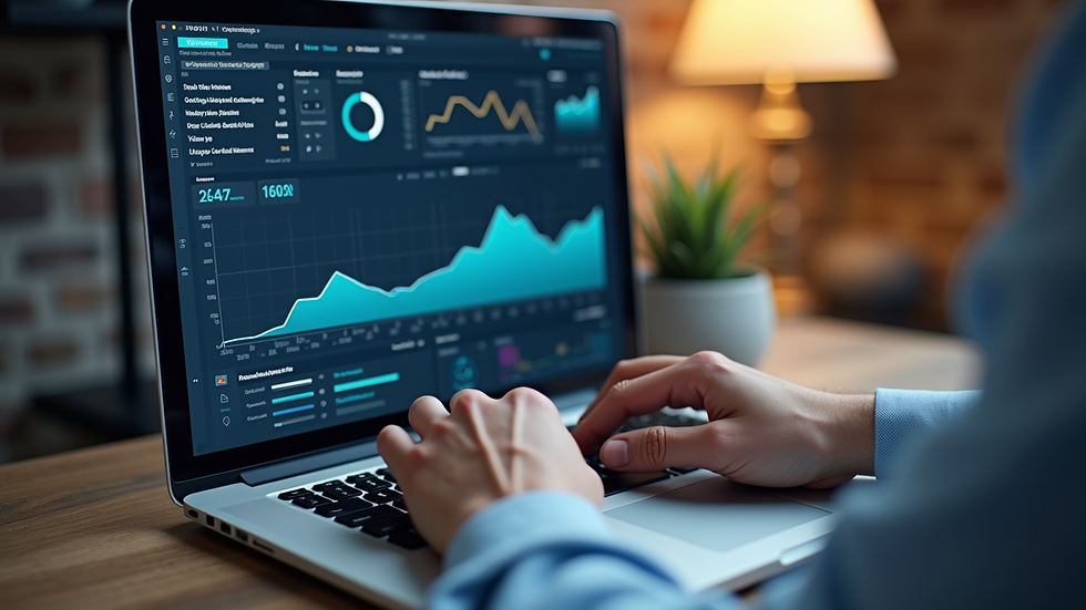 High angle view of a person working on a laptop with business analytics on screen