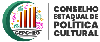 sÃmbolo do CEPC uma meia lua verde, no centro Ãcones coloridos em rosa verde e laranja que representam a cultura, clave de sol, máscaras, pincel