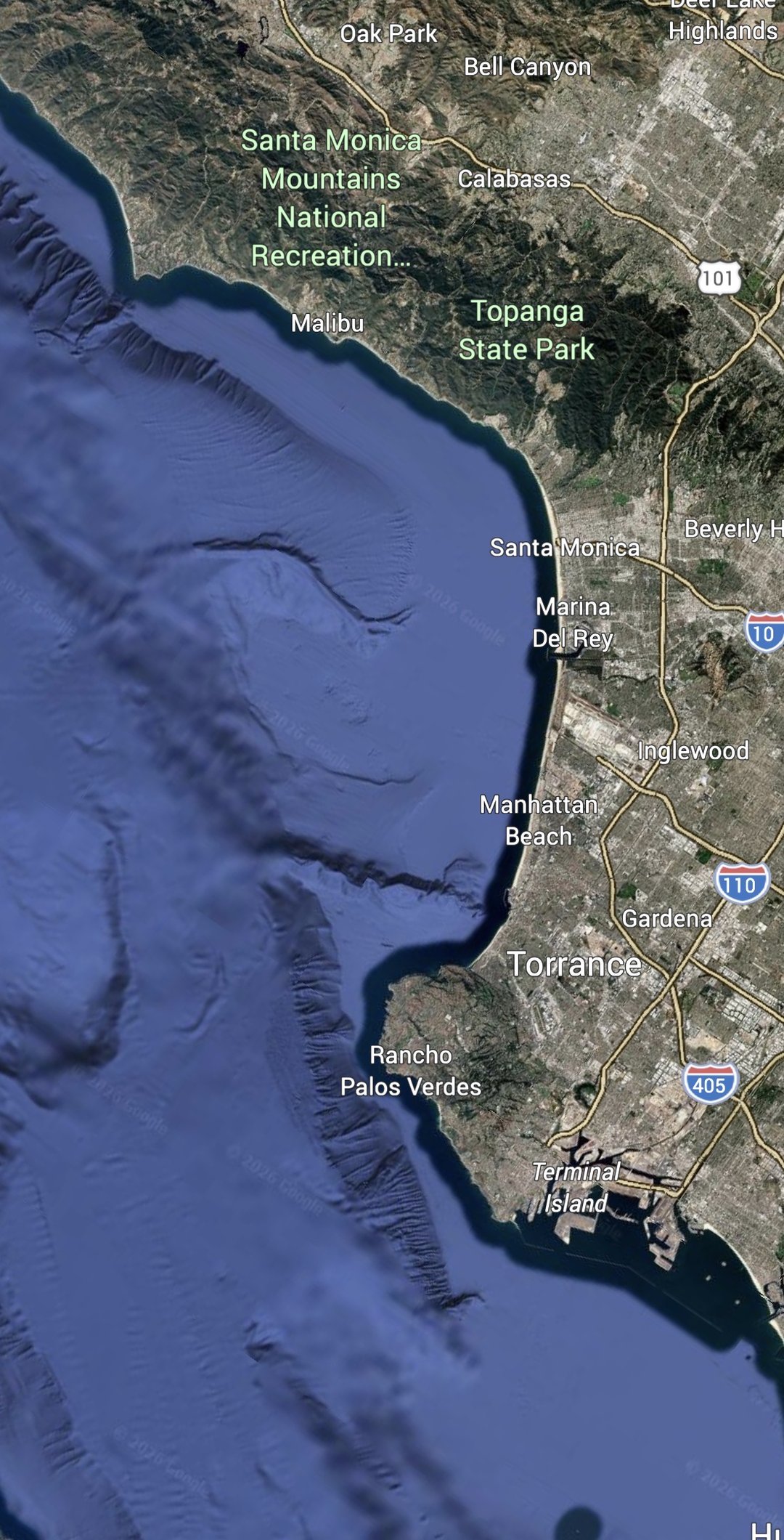 Satellite map of the Los Angeles County coastline from Malibu and Santa Monica south to Palos Verdes