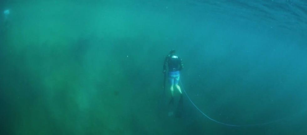 Freediver descending on a float line through green Sea of Cortez water