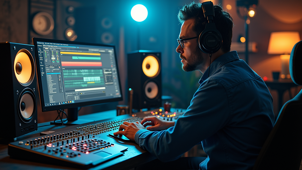 Vue en plongée d'un ingénieur du son travaillant sur un logiciel de mixage audio