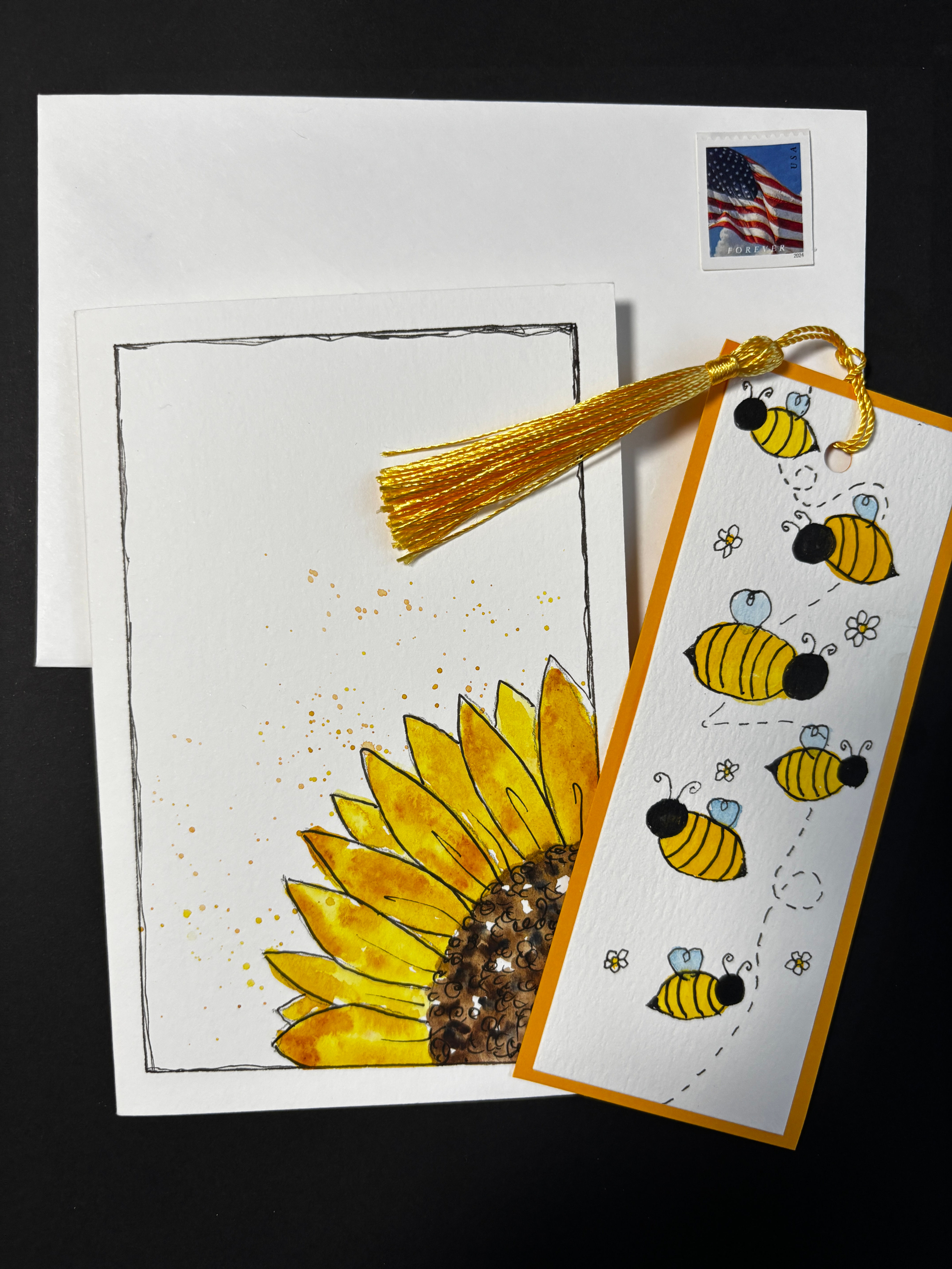 Bees and Sunflower Hand-Painted Greeting Card Mailer