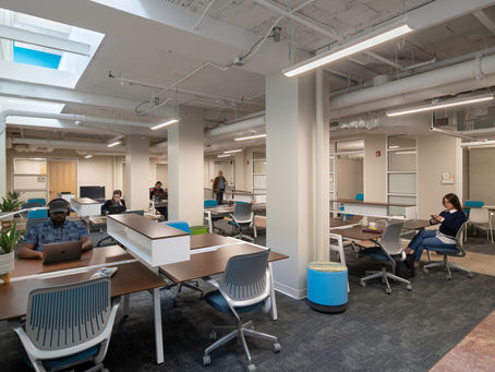Interior of Flywheel Coworking inside the historic 1923 Cabarrus Savings Bank in downtown Concord NC