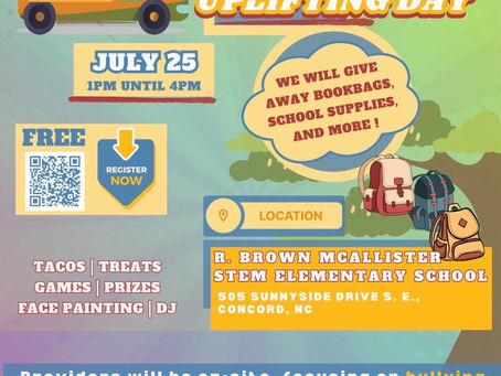Youth Uplifting Day flyer for the free July 25, 2026 back-to-school event at R. Brown McAllister Elementary in Concord, NC