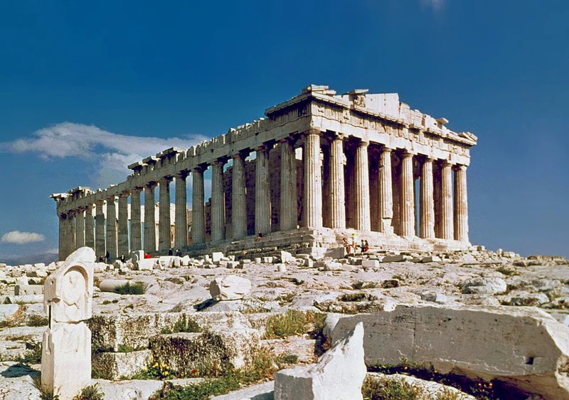Ancient Greek temple ruins on the Acropolis hill in Athens Greece