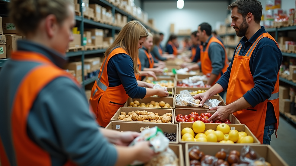 High angle view of volunteers sorting food items at a pantry