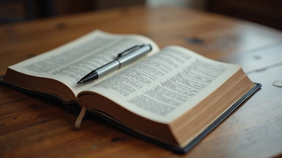 Close-up view of an open prayer journal with a pen on a wooden table