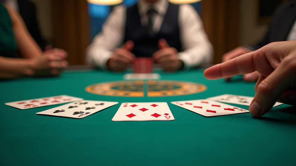Eye-level view of a card game table with various game accessories