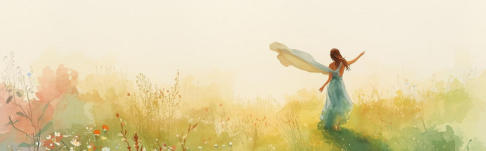 Ethereal watercolor of a wildflower meadow with a single unbroken spiral brushed into the 