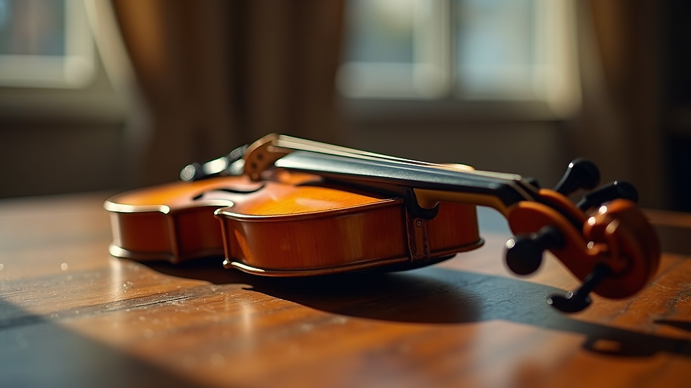 Close-up view of a violin resting on a wooden table