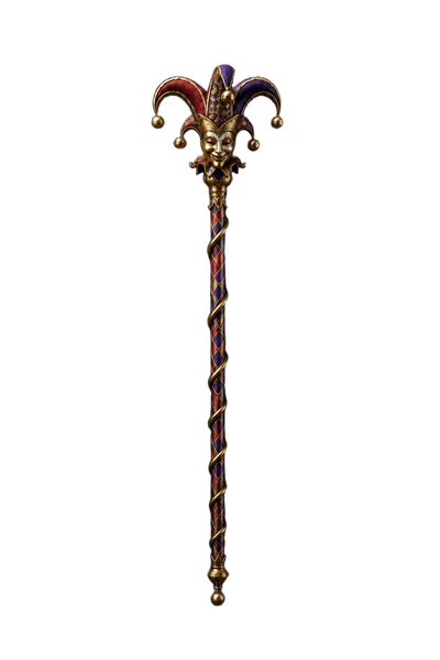 Ornate Court Jester Scepter With Golden Face And Bells.png