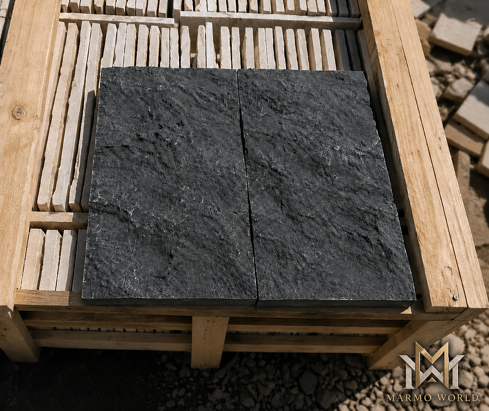 Textured Melly Grey Dark Egyptian Marble tiles on a pallet