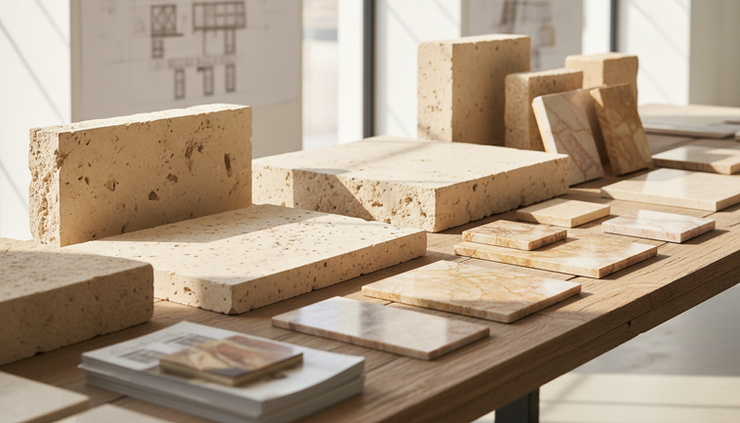 Wide-angle view of limestone and marble samples displayed on a stone selection table.