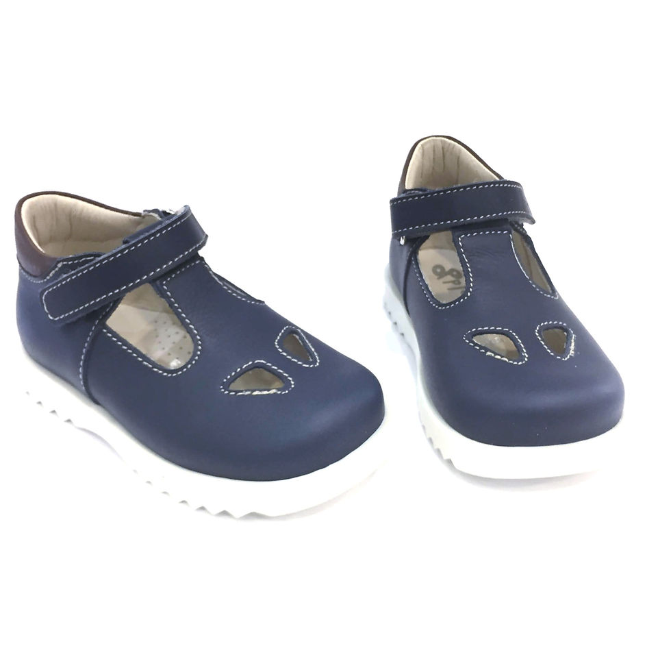 Miniatura: Scarpe bimbo occhio di bue blu occhietti artigianali in pelle fronte