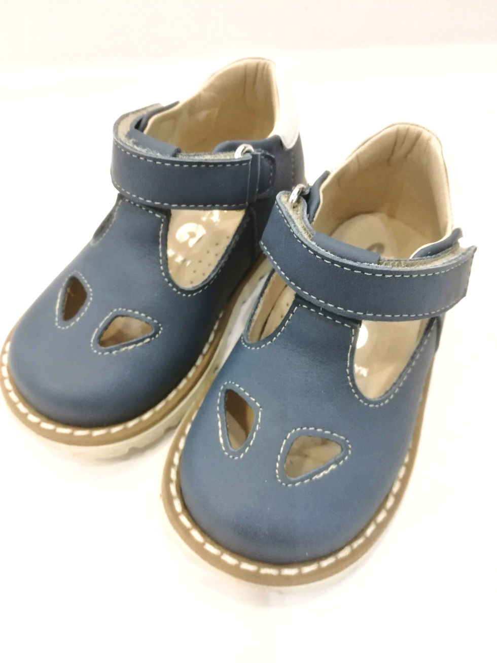 Miniatura: Scarpe primi passi bimbo occhio di bue blu occhietti artigianali in pelle sopra