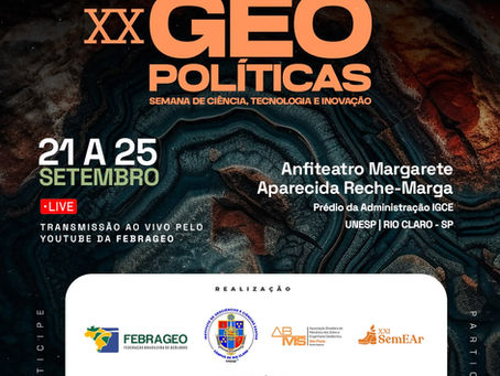 Cartaz do XX GEO Políticas, 21 a 25 de setembro, live no YouTube, em Rio Claro-SP, com fundo geológico escuro.