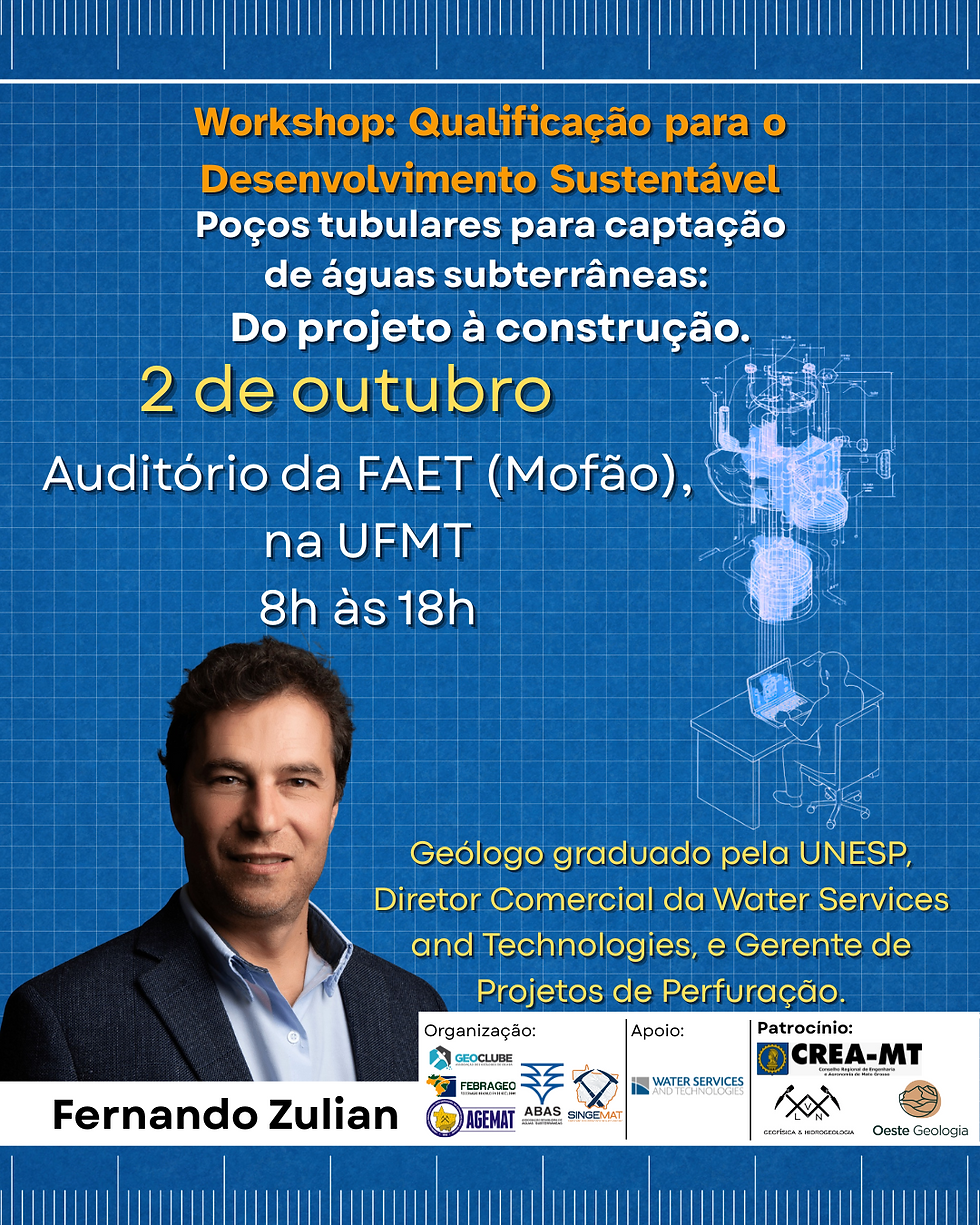 Claro. Aqui está o texto alternativo (alt text) para a imagem: Alt text: Cartaz de divulgação do "Workshop: Qualificação para o Desenvolvimento Sustentável de Poços tubulares para captação de águas subterrâneas". O evento, com o palestrante Fernando Zulian, ocorrerá em 2 de outubro, das 8h às 18h, no Auditório da FAET na UFMT. O fundo do cartaz é azul, imitando uma planta de engenharia, e na parte inferior estão os logotipos dos organizadores e patrocinadores, como CREA-MT.