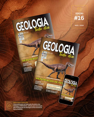 Capas da revista Geologia Todo Dia com dinossauro e celular, edição #16 ago/2026, sobre fundo marrom geológico.