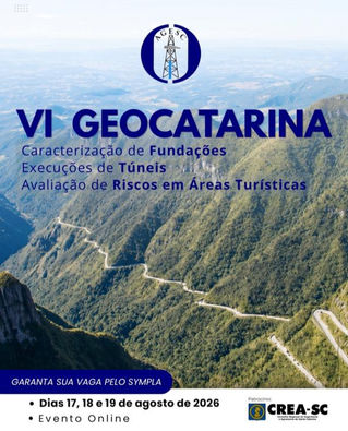 Cartaz do VI Geocatarina sobre serra com estrada sinuosa, logo AGESC; textos sobre fundações, túneis e riscos, evento online.