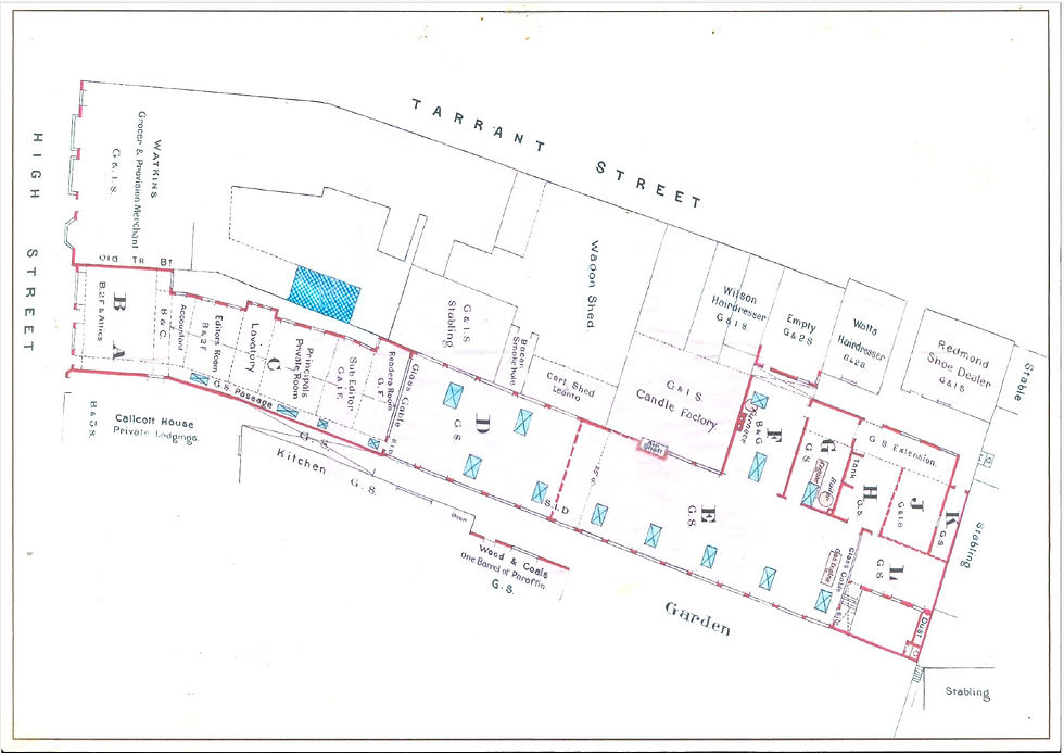 Plan of High Street and Tarrant Street Traders in early 19th century - Tarrant Gallery building is shown as Watts Hairdresser - Note the buildings from High Street edged in red, these are the offices of the West Sussex Gazette some of which is now the Old Print Works Arcade. 