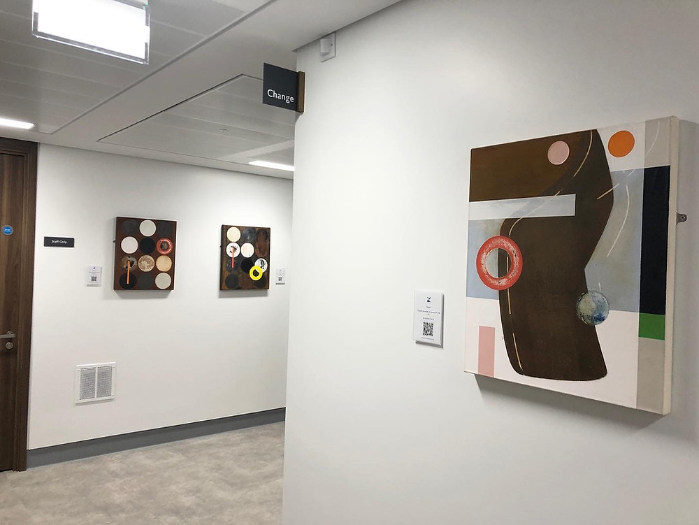 Three paintings from the Stade series of works (oil on canvas and board, 50 x 60 cm) by Andrew Hardy.