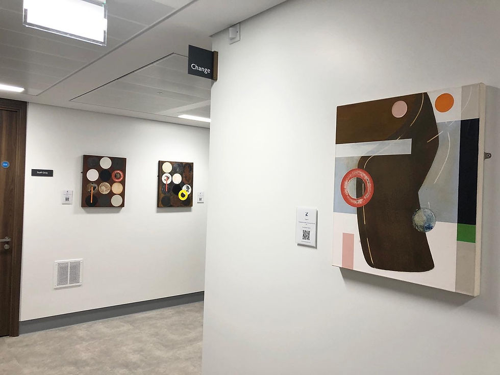Three paintings from the Stade series of works (oil on canvas and board, 50 x 60 cm) by Andrew Hardy.