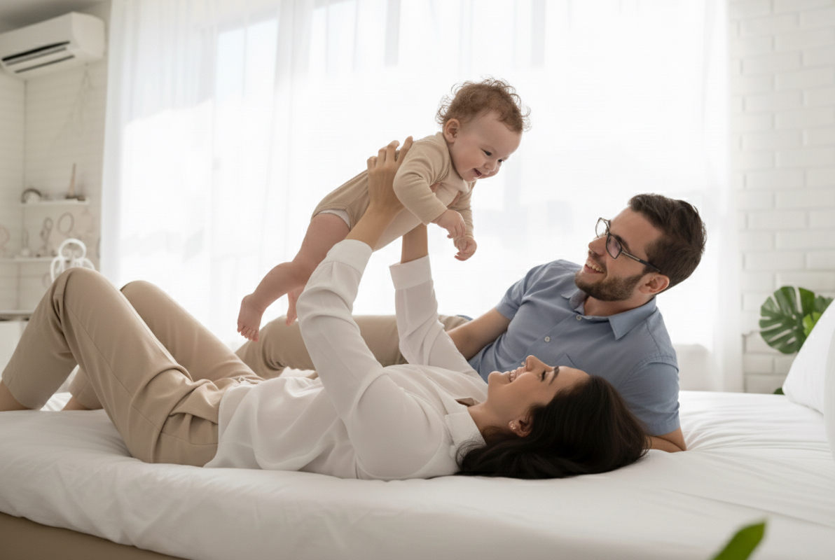 Family with baby — free baby sleep webinar 5–24 months (DE/EN), evidence-based guidance.