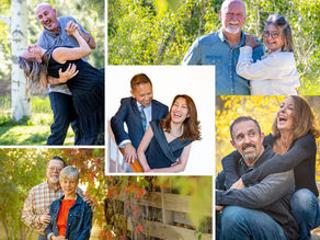 This is a collage. It includes a sunset proposal in the Pine Nut Mountains with the Sierra Nevada range in the background. A couple shares a laugh as they walk down the stairs for a black tie affair. A couple shares a dip in a park. A couple celebrates their anniversary.