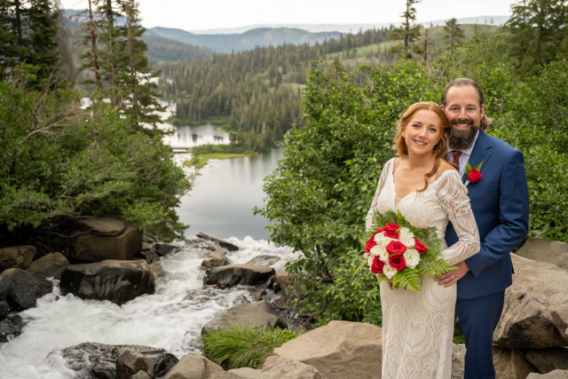 A wedding portrait at the top of Twin Falls in the Lakes Basin in Mammoth Lakes, California.