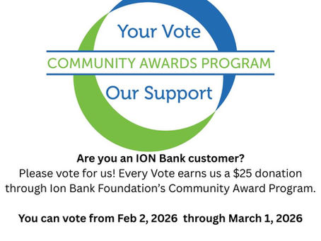 Circular logo with text "Your Vote, Our Support" in blue and green. Details about Ion Bank's Community Awards voting from Feb 2 to Mar 1, 2026.