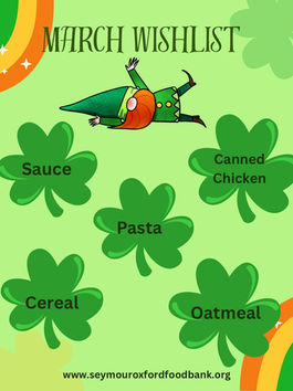 Leprechaun on green background with shamrocks listing "Sauce," "Canned Chicken," "Pasta," "Cereal," "Oatmeal." Text: March Wishlist.